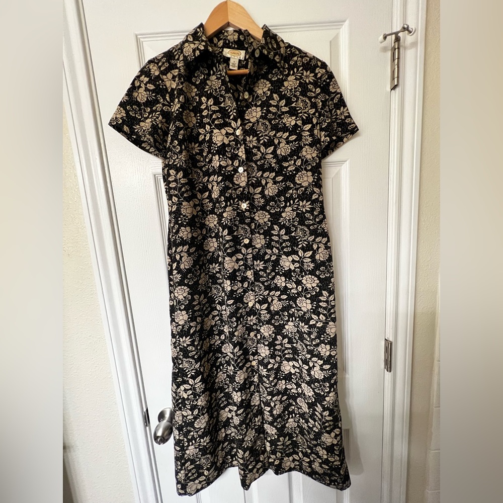90s Talbots Black Tan Calico Floral Button Down Dress